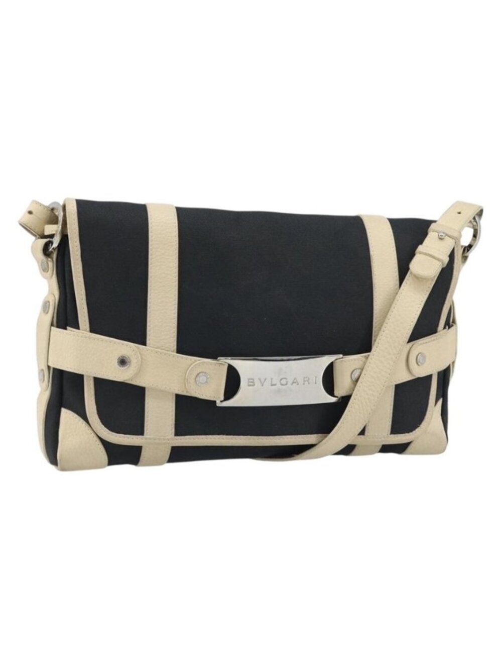 Authentic BVLGARI Shoulder Bag Canvas Leather Black Ivory Silver